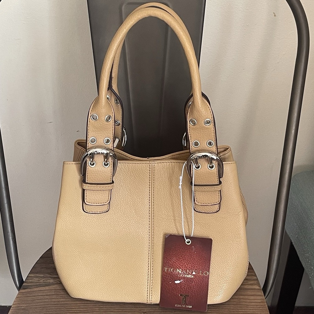 Tignanello Perfect 10 French Small Tote Bag Camel Tan  Satin Logo Lining Leather